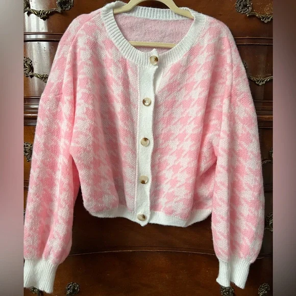 SHEIN Sweaters Shein Houndstooth Pink Cardigan Poshmark